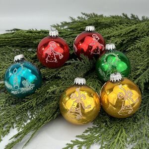 6 Vtg Glitter Stencil Mercury Glass Balls Christmas Ornaments West Germany 2.25”